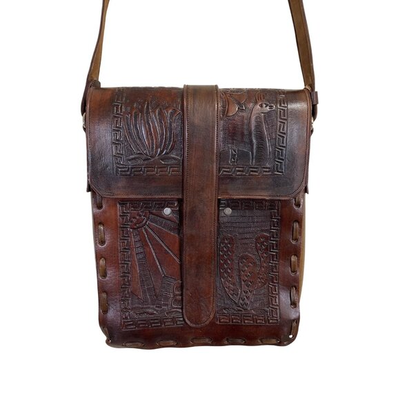 Vintage Tooled Leather Crossbody Bag Handcrafted Embossed Brown Peru Landscape - Picture 1 of 8